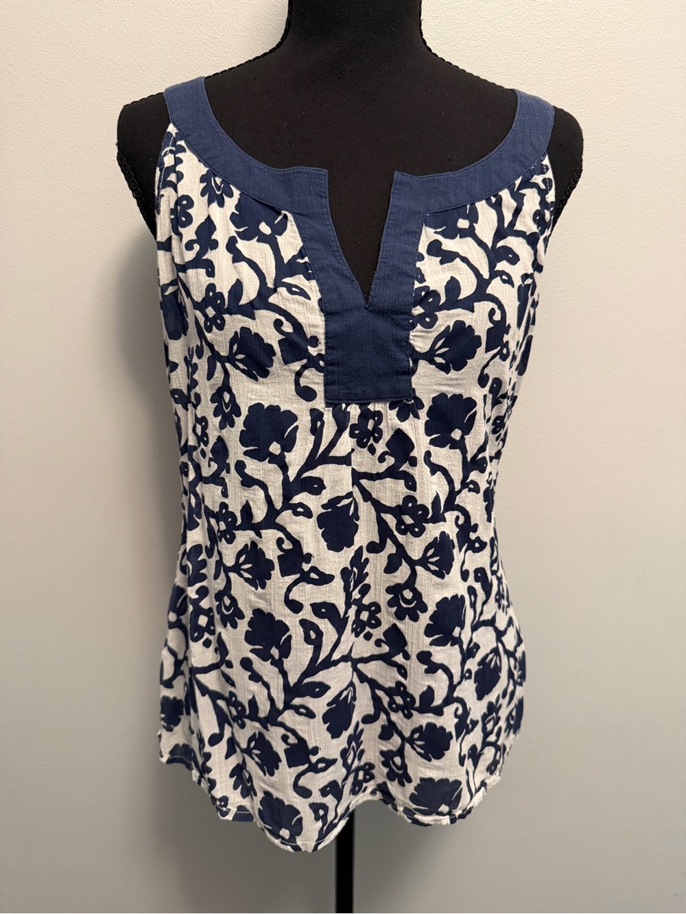 Old Navy Blue and White Floral Split-Neck Tank